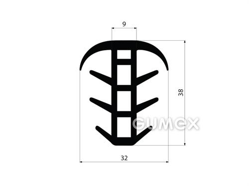 Pryžový profil tvaru "T" se 4 dutinkami, 38x32/9mm, 70°ShA, EPDM, -40°C/+100°C, černý